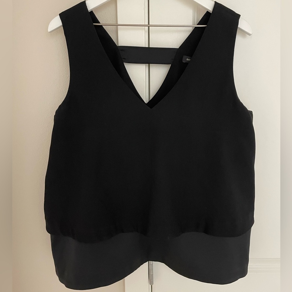 Banana Republic Tier Double V-Neck Sleeveless Blouse Top, Black Mixed Media LP
